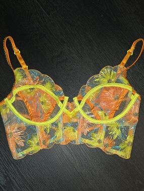 For Love & Lemons Orange and Yellow Embroidered Floral Underwire Bralette